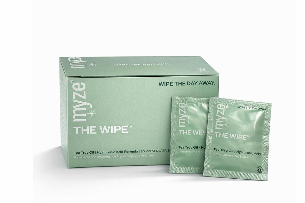 Myze The Wipe in an individually wrapped packet for convenient daily lid cleansing.