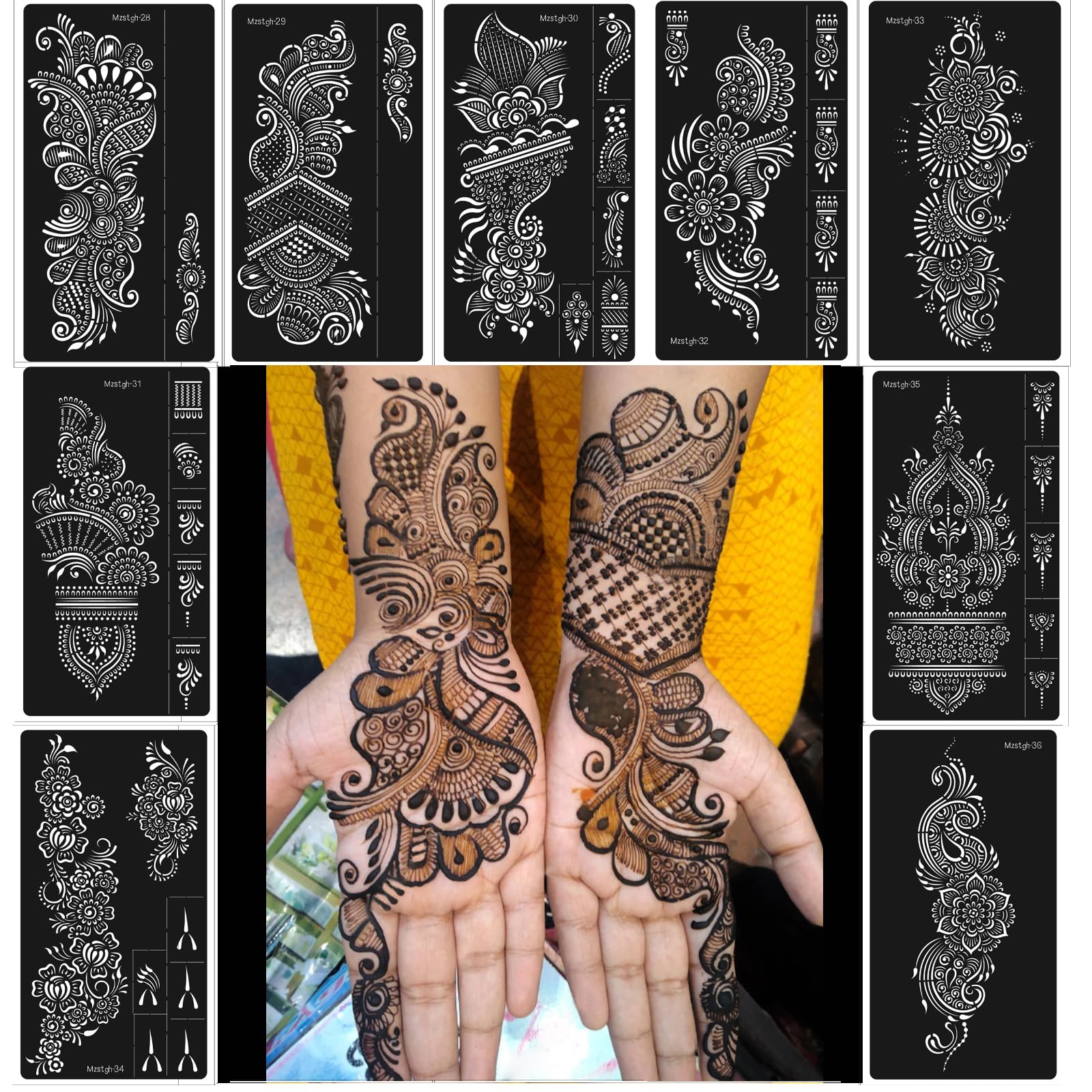 Mzstgh Henna stencils 9-sheet kit for quick, clean temporary tattoos.