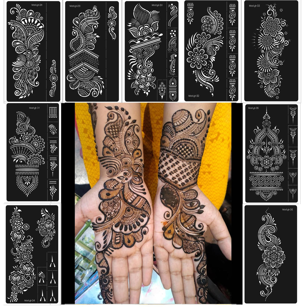 Mzstgh Henna stencils 9-sheet kit for quick, clean temporary tattoos.