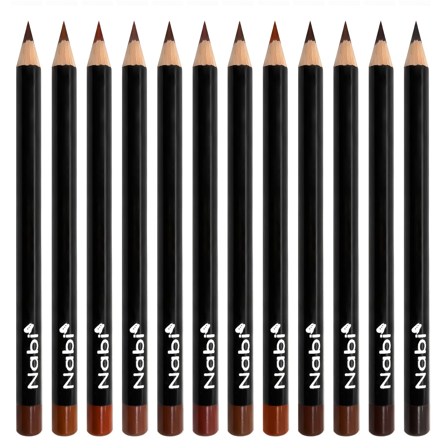Delineadores Nabi 12 tonos marrón, definición cremosa para labios suaves.