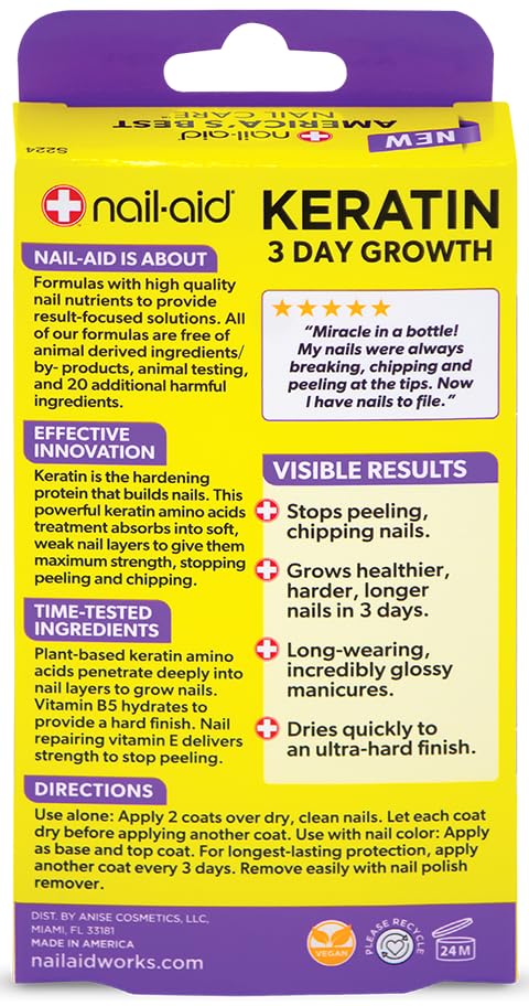 Nail-Aid Keratin 3 Day Growth closeup shows a smooth, hardening formula on nails.