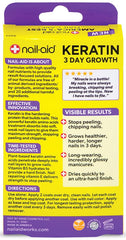 Nail-Aid Keratin 3 Day Growth closeup shows a smooth, hardening formula on nails.
