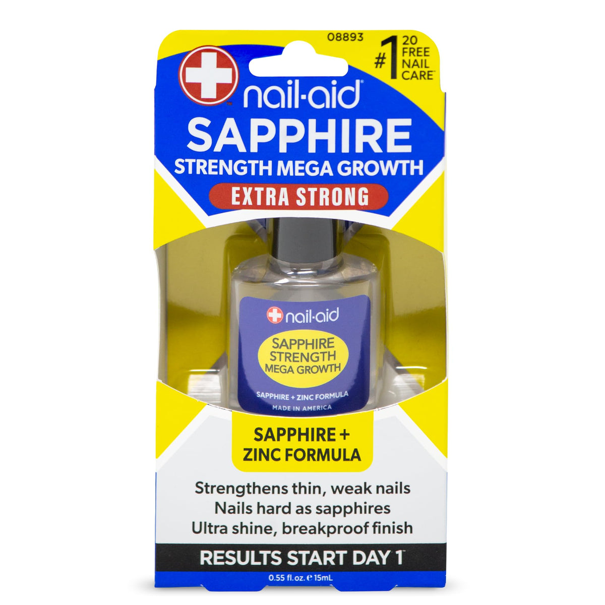 Nail-Aid Sapphire Strengthener: botella cercana muestra protección resistente para uñas.