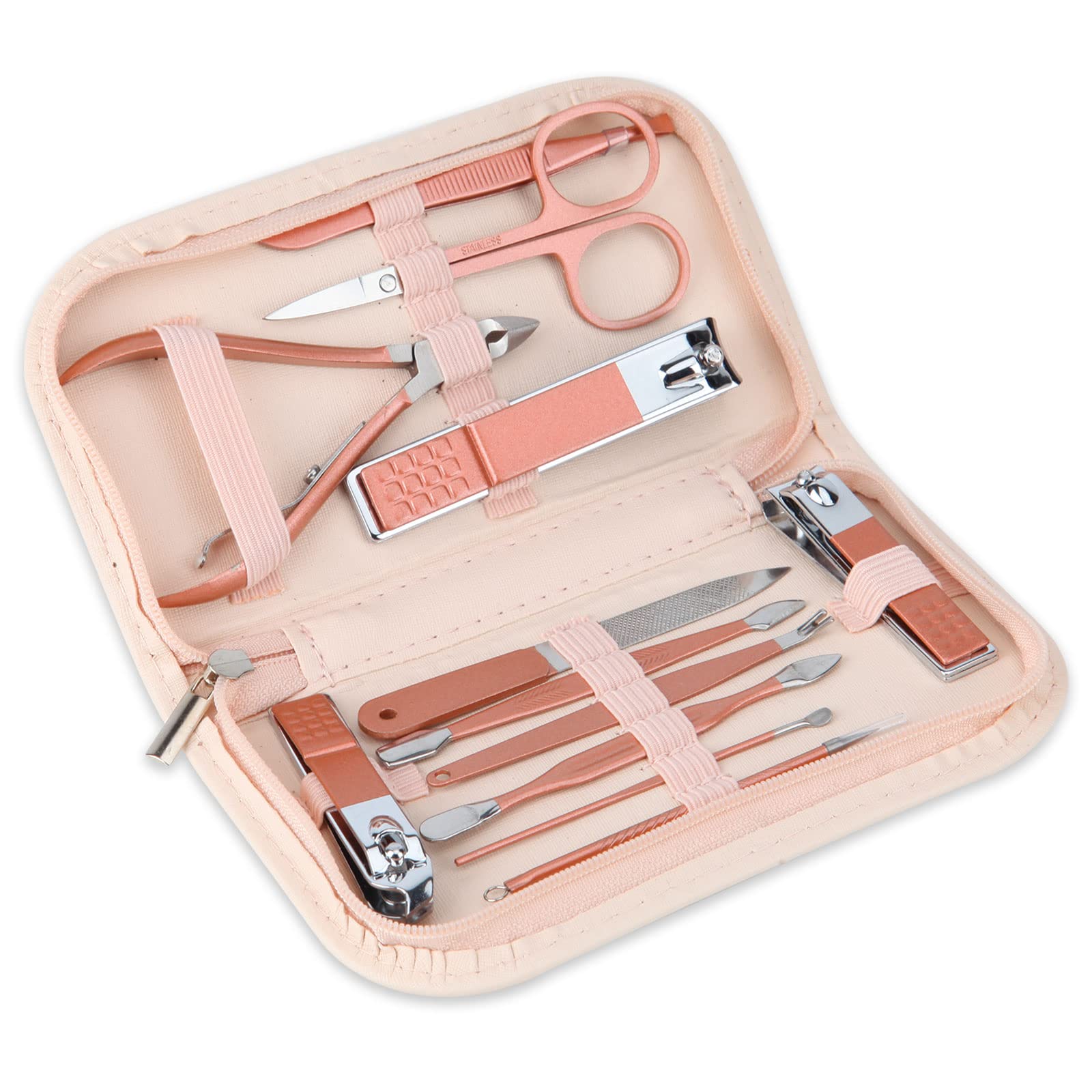 Nail Clippers and Beauty Tool 12 in 1 compact travel kit with pink bag