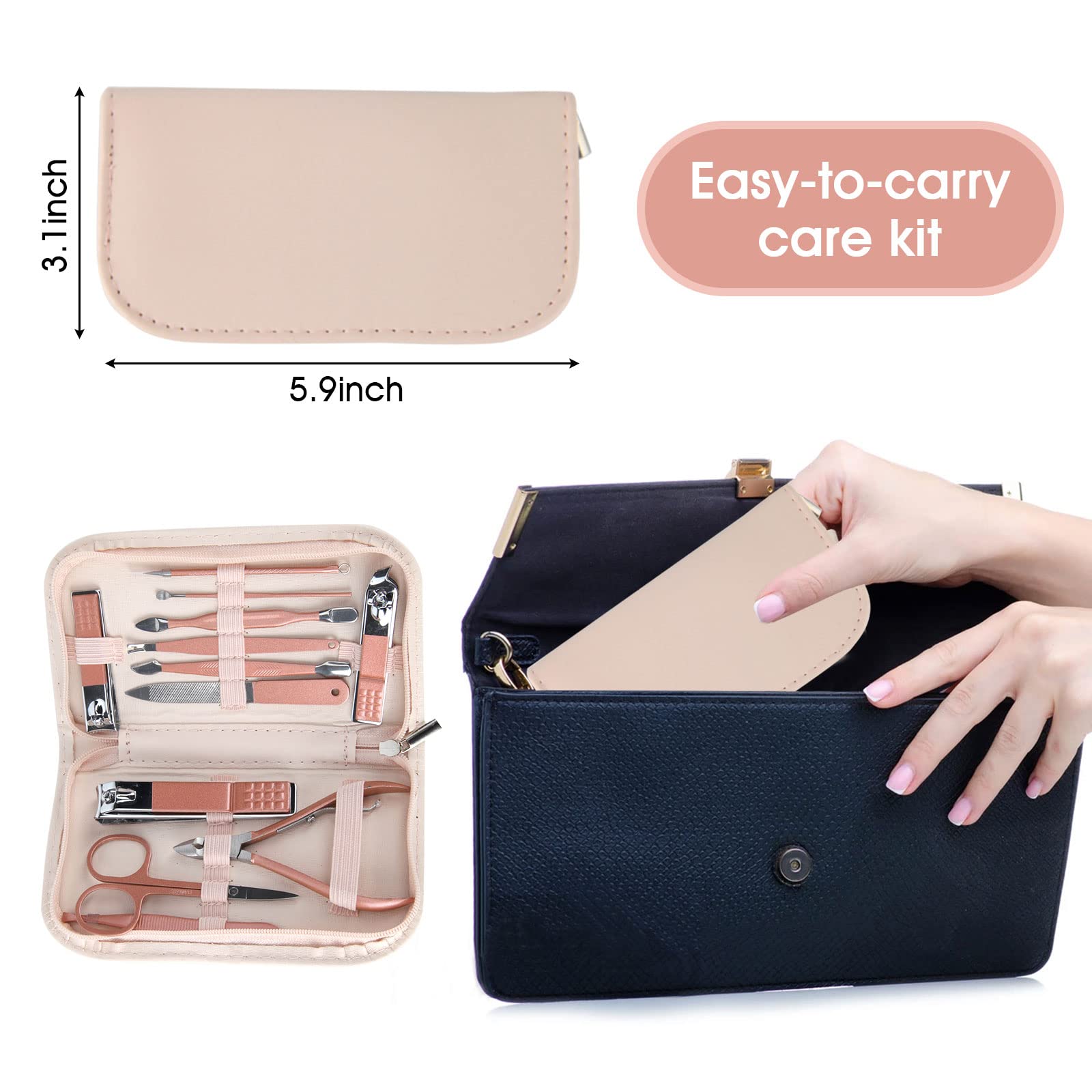 Nail Clippers and Beauty Tool 12 in 1 stainless steel with rose gold coating