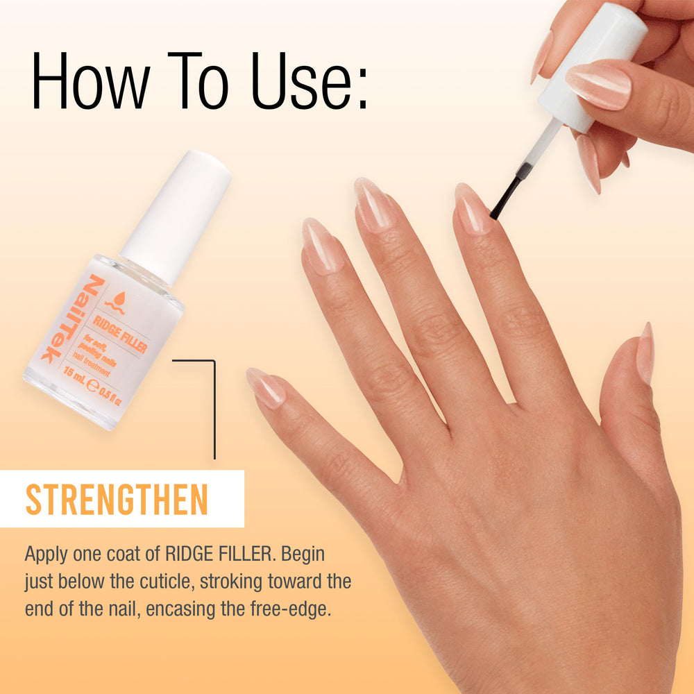 Nail Tek Ridge Filler Formula 2: uso diario como base y fortalecedor sin color.