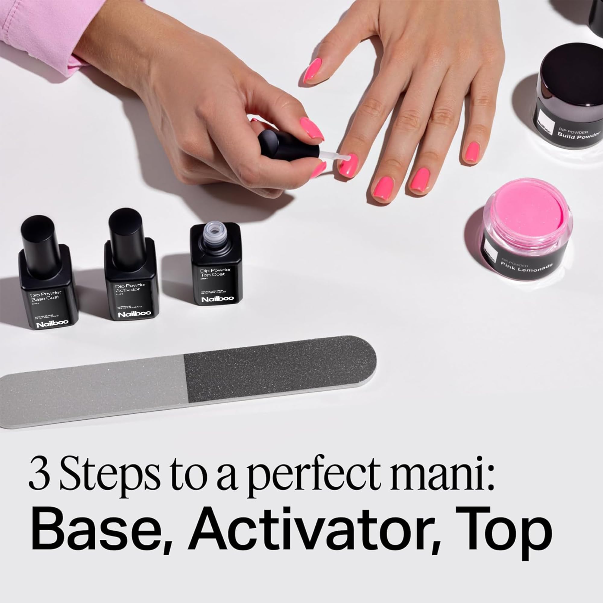 Nailboo Activator liquid bottle helps curing for a solid, durable finish.