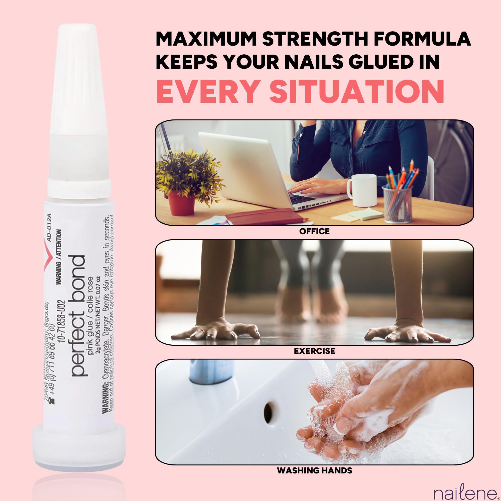Nailene Perfect Bond Glue used with press-on nails for secure fit.