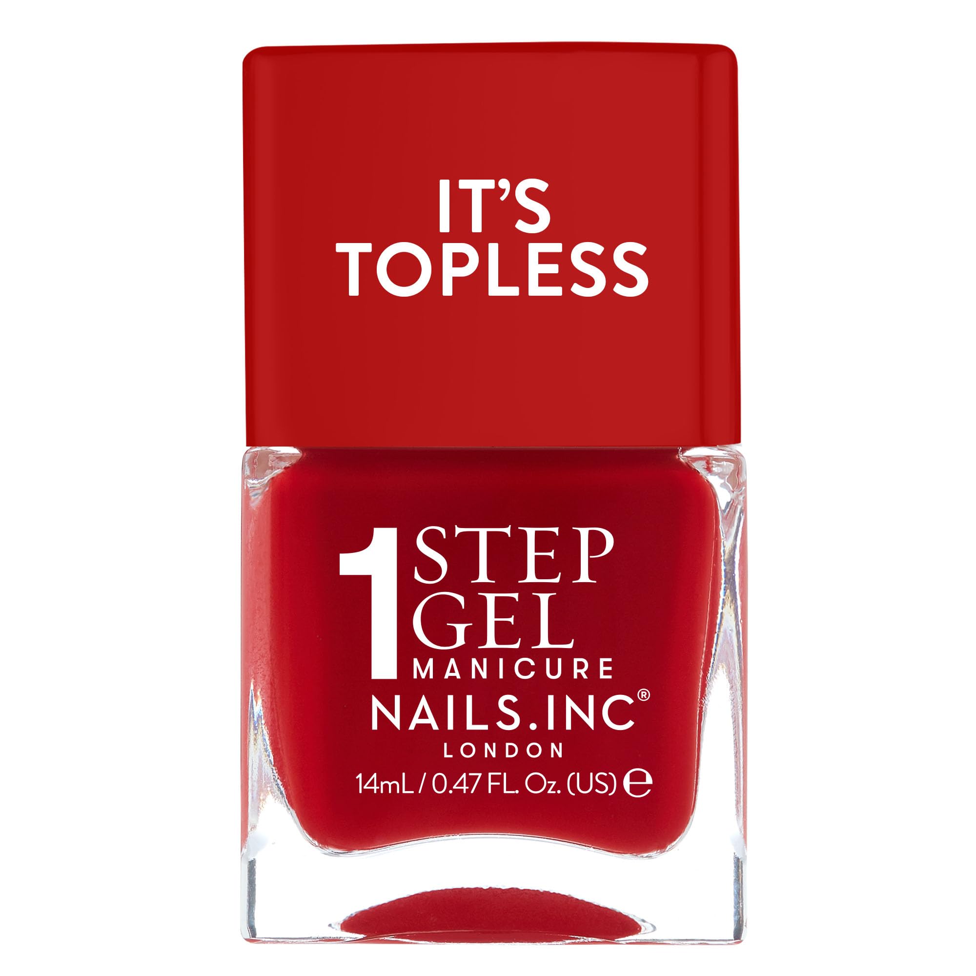 Nails.INC It’s Topless, botella cercana, muestra acabado gel sin lámpara.