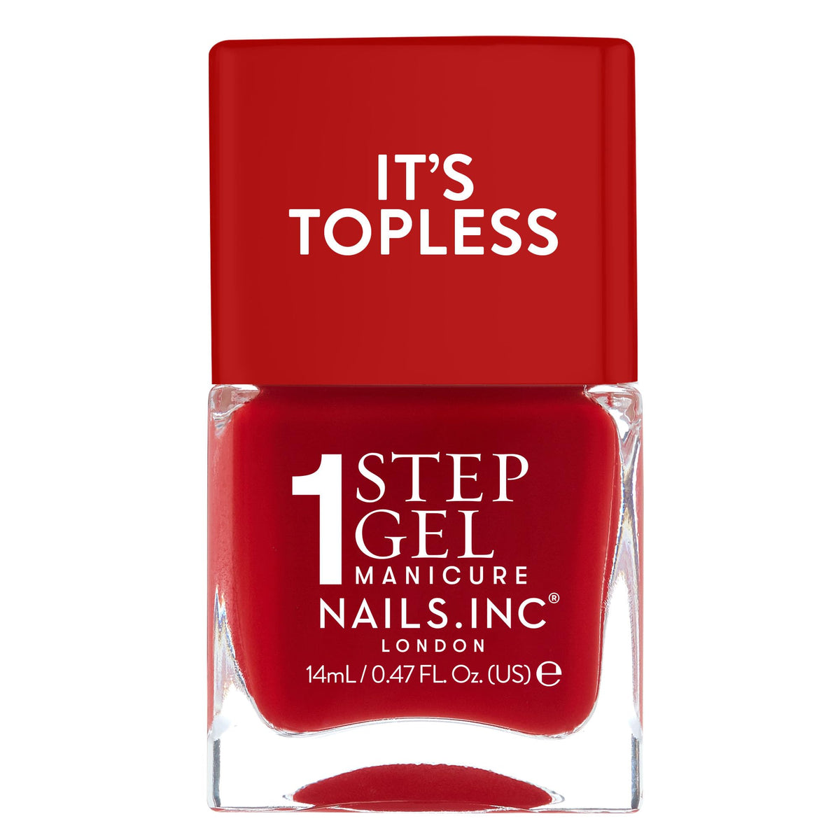 Nails.INC It’s Topless, botella cercana, muestra acabado gel sin lámpara.