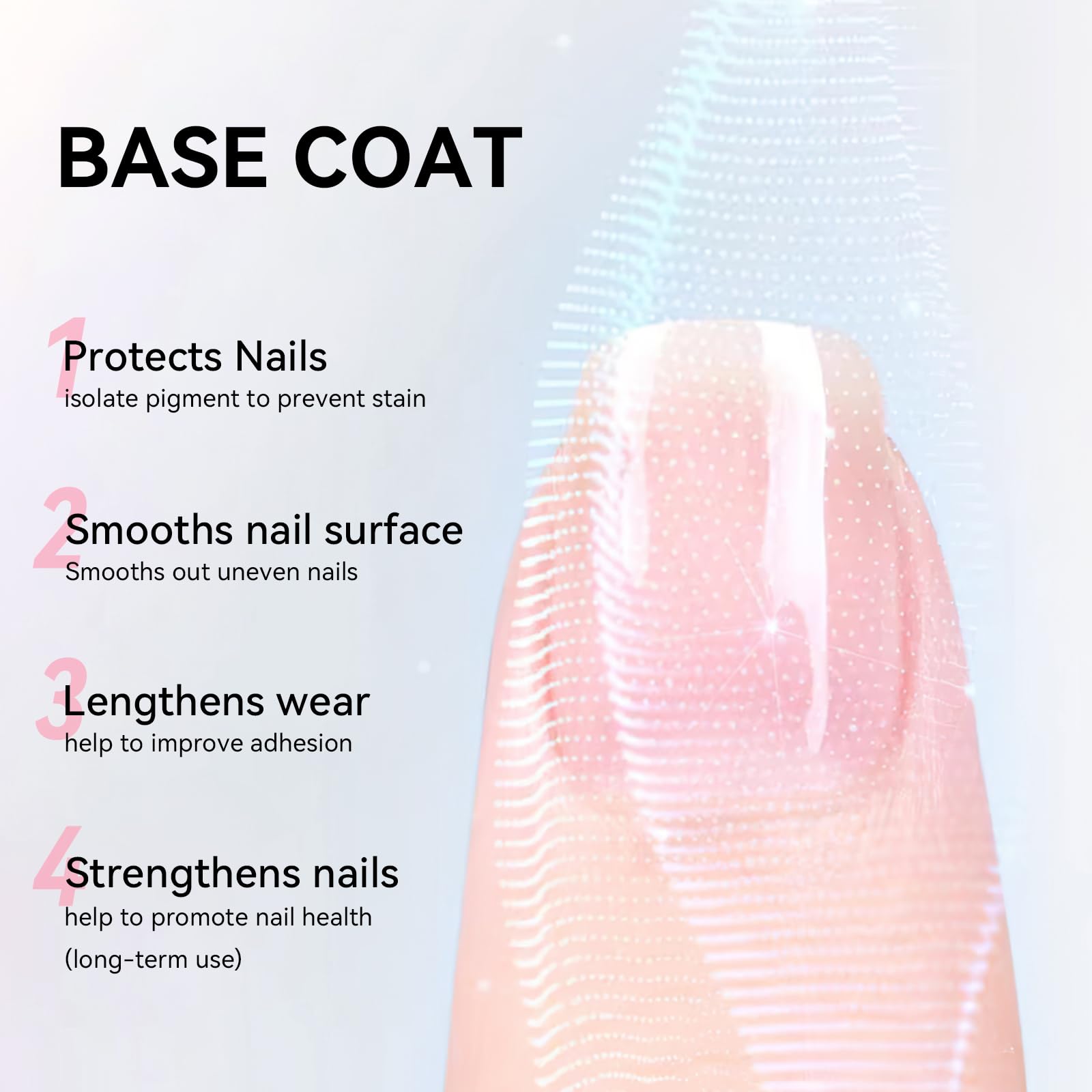 Nailshion base coat applied on nails for an even foundation.
