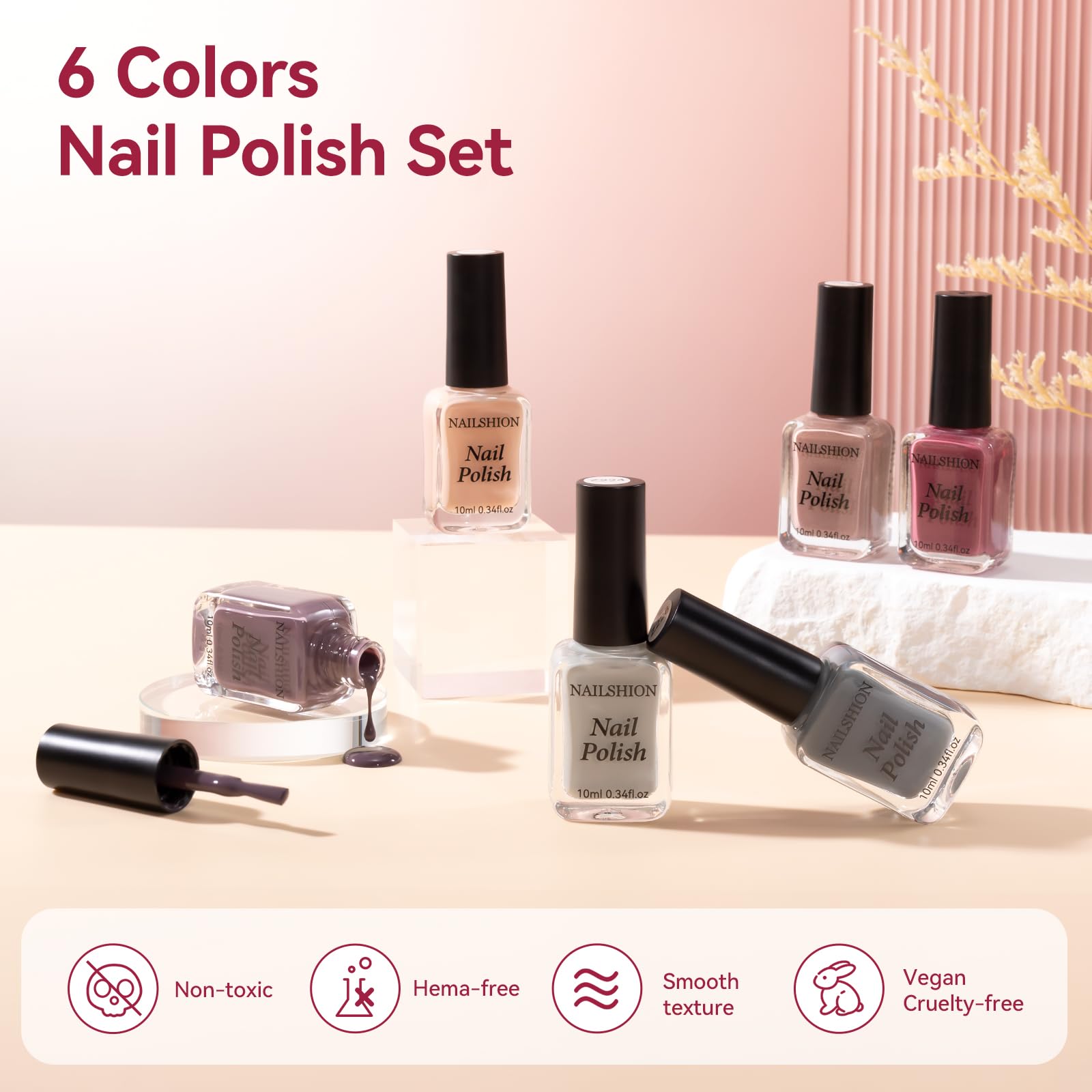 Nailshion Nude Grays fórmula vegana y no tóxica cuida uñas.