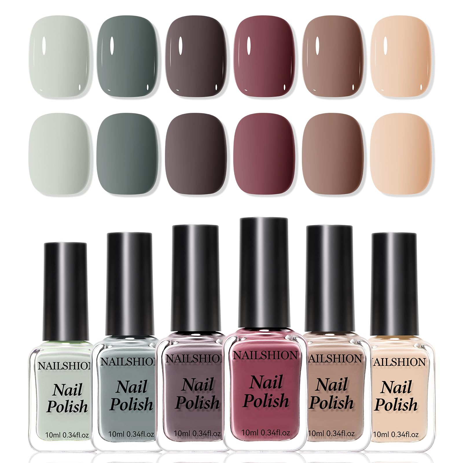 Nailshion Nude Grays frente al set, muestra 6 tonos neutros para looks diarios.