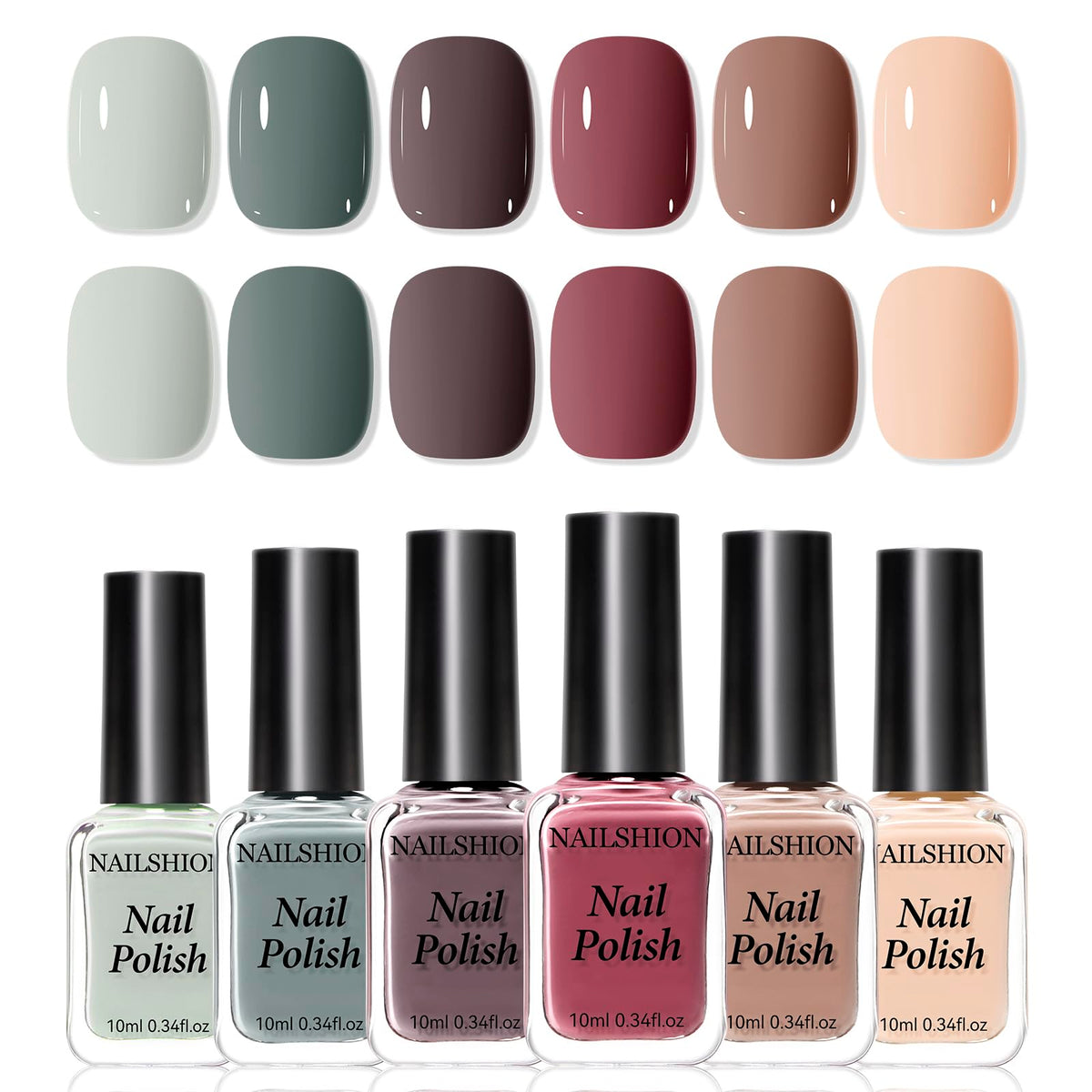 Nailshion Nude Grays frente al set, muestra 6 tonos neutros para looks diarios.