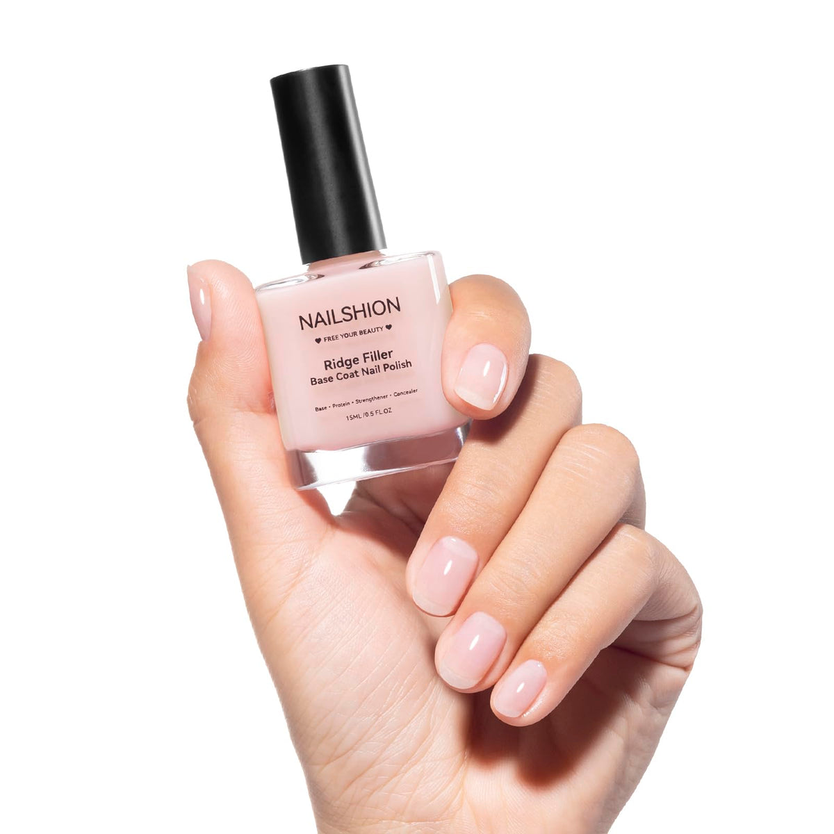 Nailshion Ridge Filler Base Coat, acercamiento a la botella, suaviza la superficie de la uña.