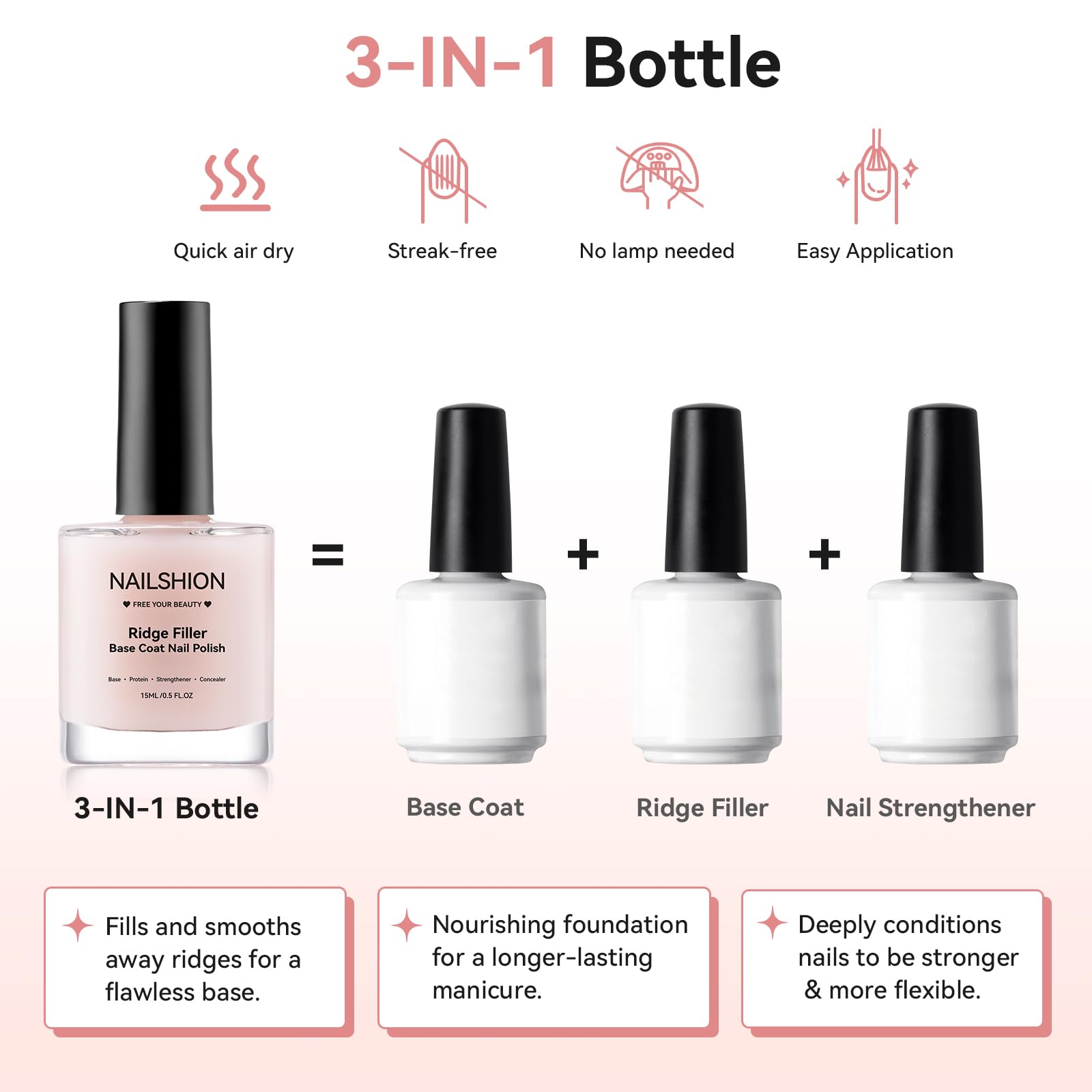 Nailshion Ridge Filler Base Coat, aplicación en uña, mejora adherencia del esmalte.