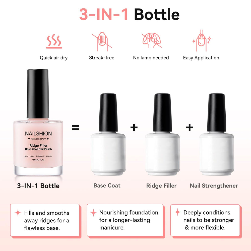 Nailshion Ridge Filler Base Coat, aplicación en uña, mejora adherencia del esmalte.