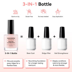 Nailshion Ridge Filler Base Coat, aplicación en uña, mejora adherencia del esmalte.