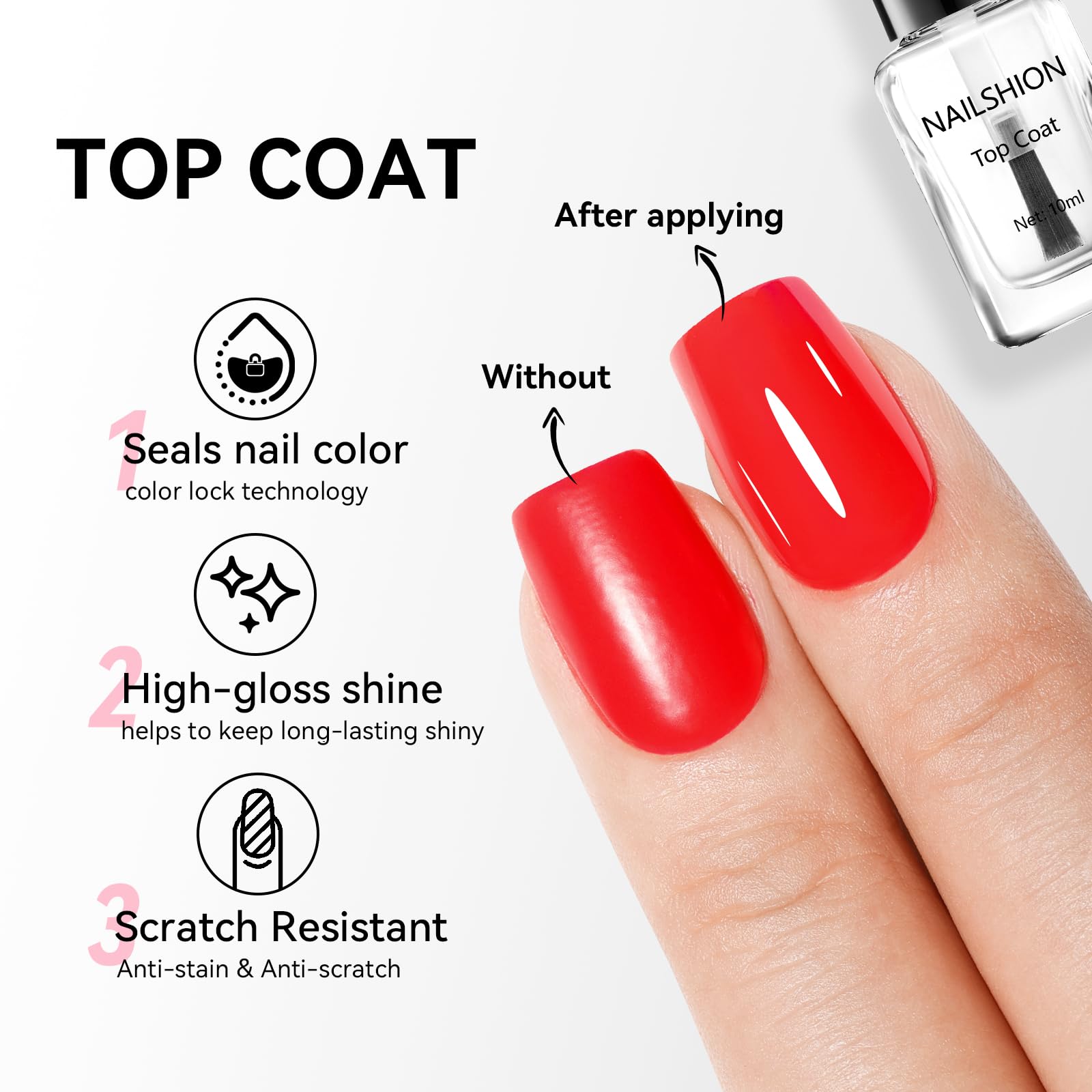 Nailshion top coat applied on nails delivering durable shine.