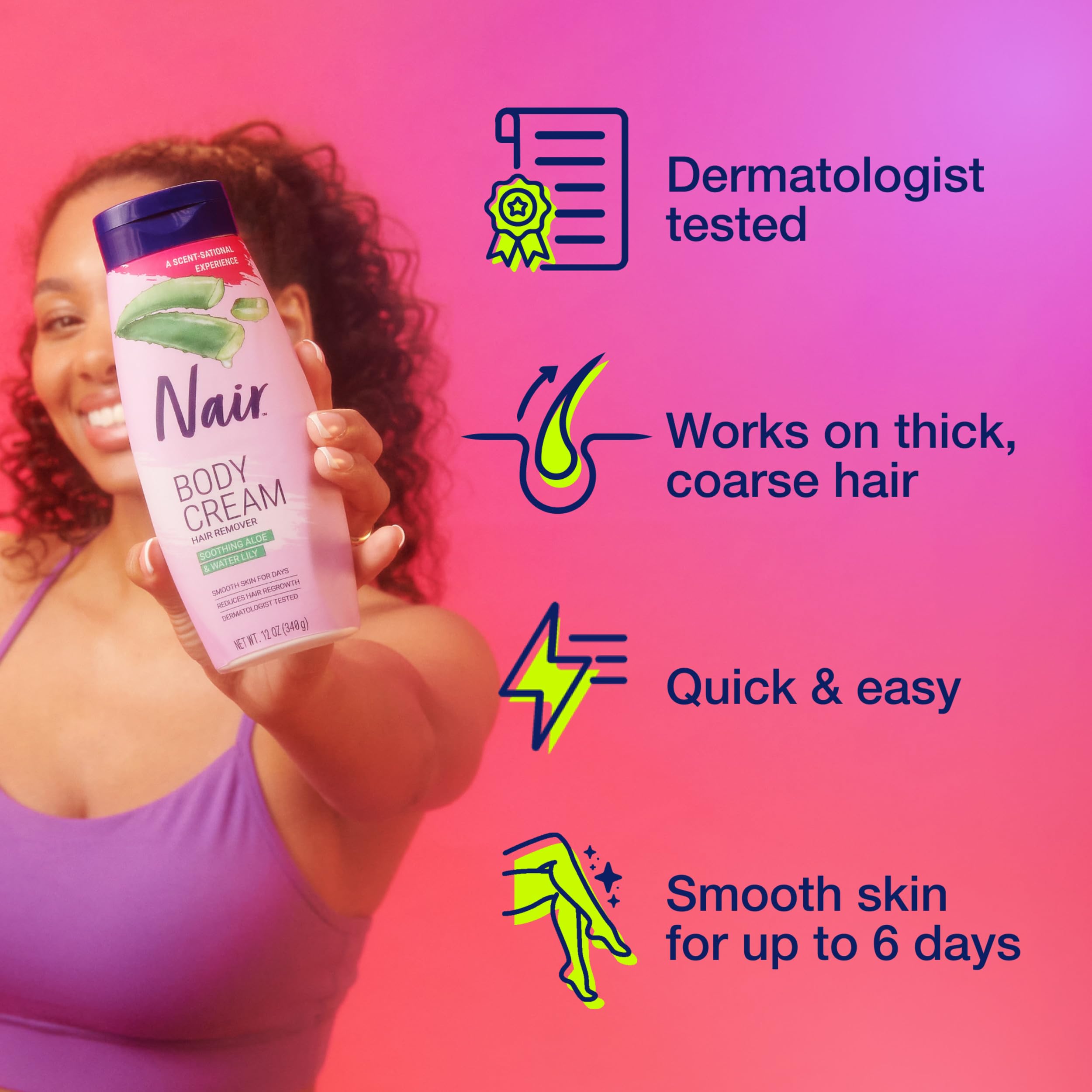 Nair Body Cream Hair Remover fragrance notes of water lily and bamboo for a fresh scent.