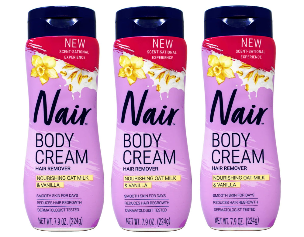 Nair Body Cream Hair Remover jar showing nourishing oat milk for smoother skin