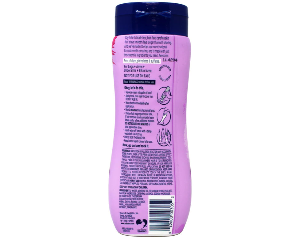 Nair Body Cream Hair Remover with vanilla and oat milk visible on the product