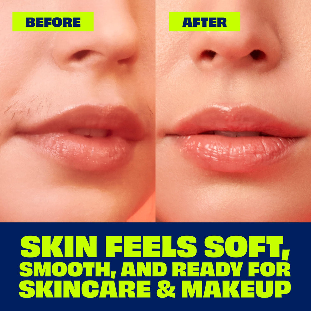 Dermatologist-tested Nair label shown for skin-friendly facial hair removal