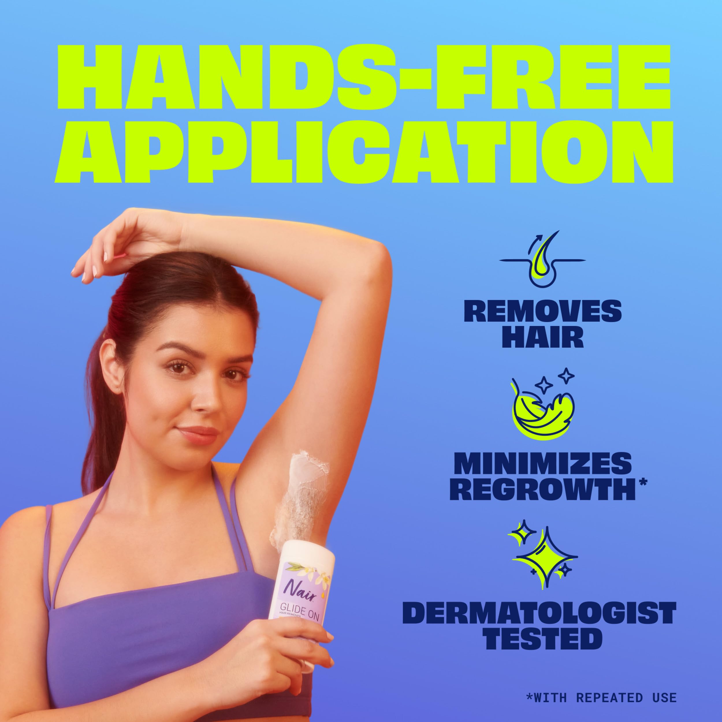 Nair Glide On applicator-glide demonstrates touch-free application across skin.