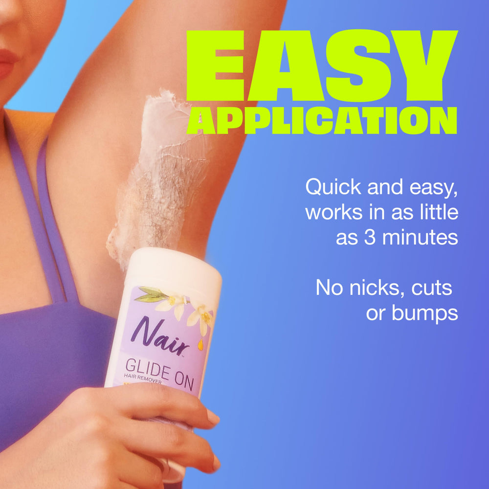 Nair Glide On argan-oil-orange-blossom infusion on bottle label.