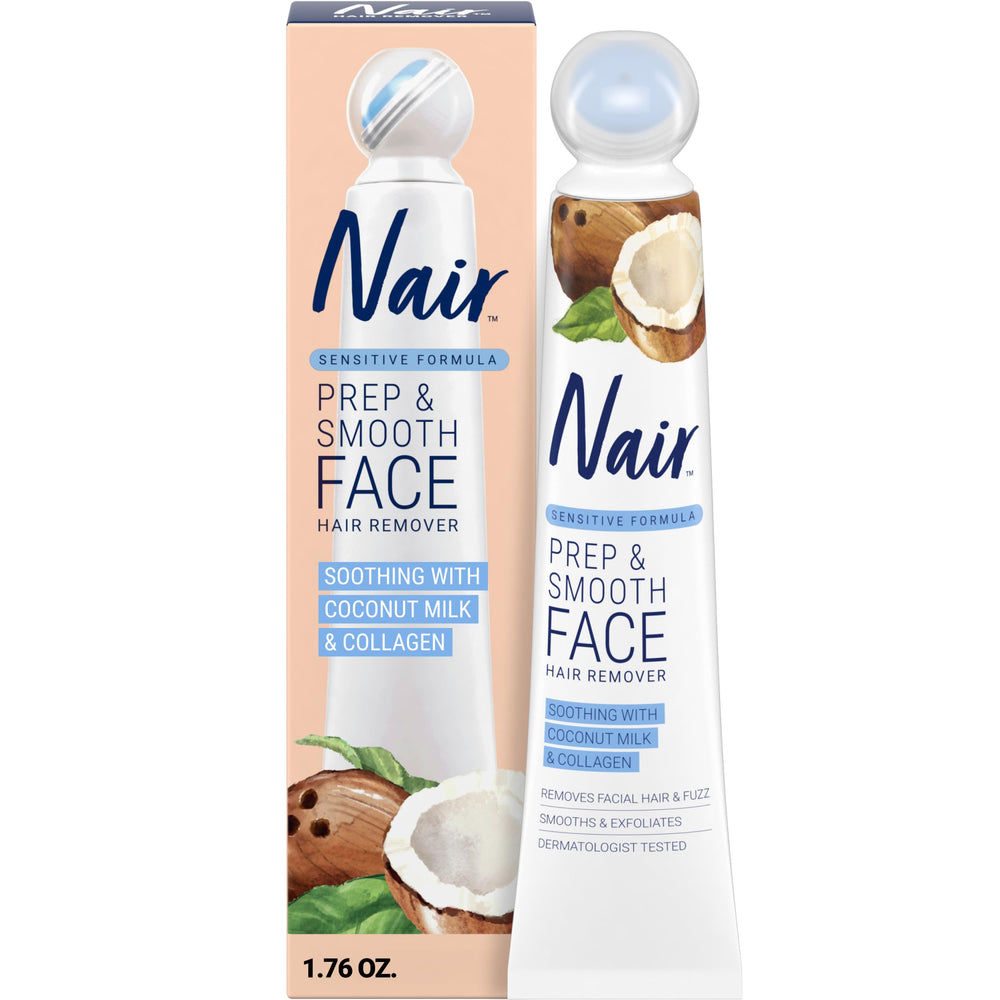 NAIR Prep & Smooth bottle enables quick facial hair removal.