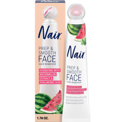 Nair Prep & Smooth facial remover tube close-up showing hydrating formula for makeup prep