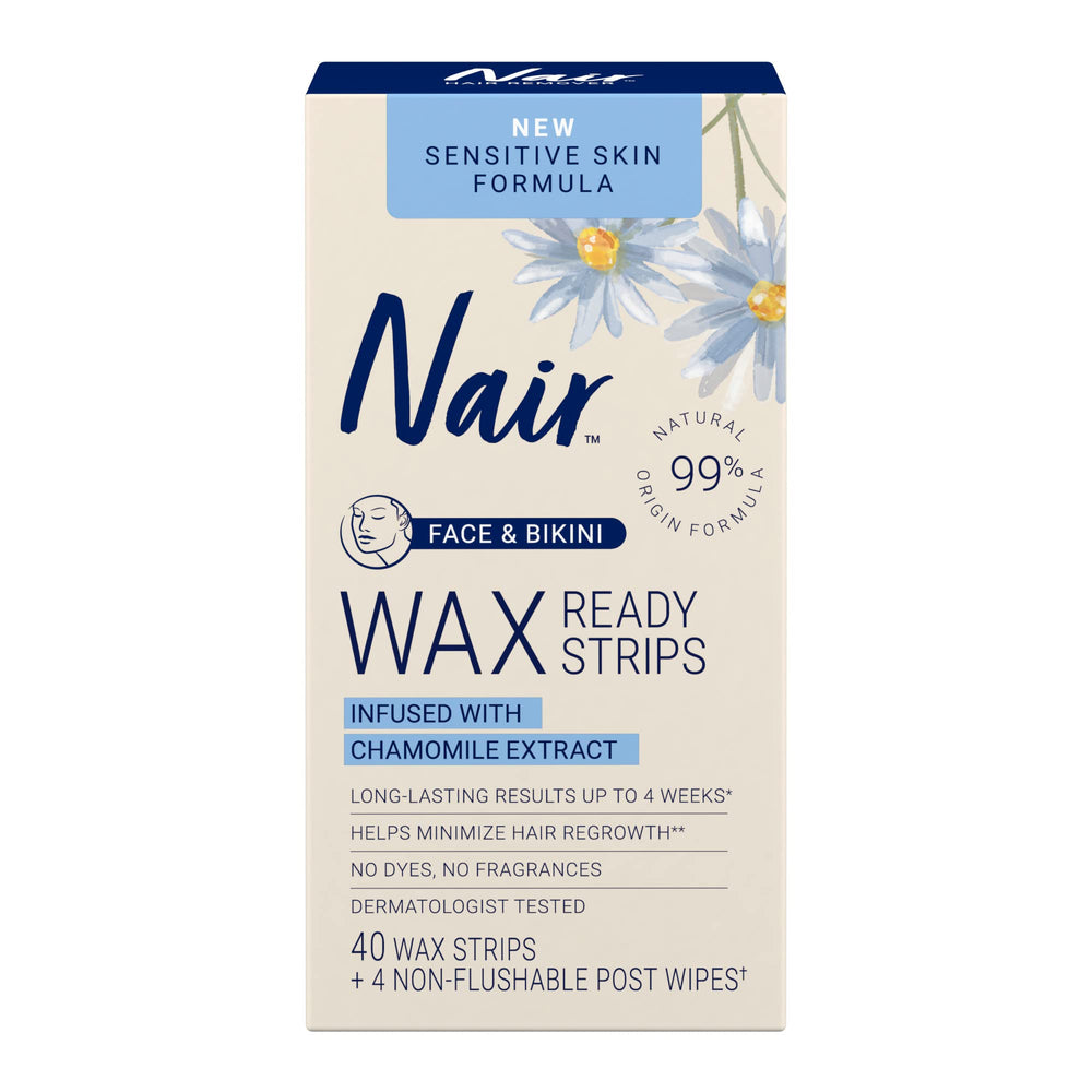 Nair Sensitive Wax Strip setup on face and bikini for mess-free use
