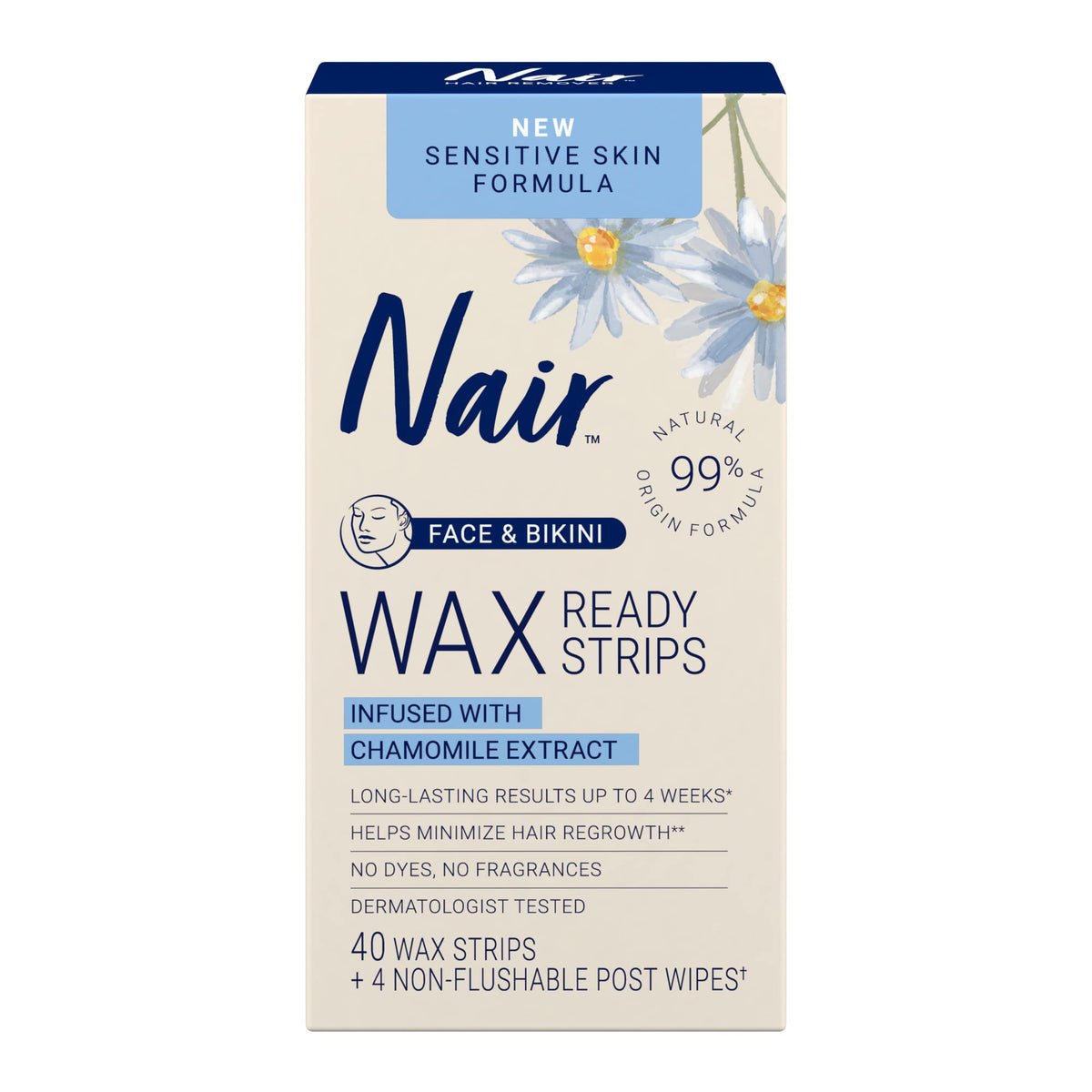 Nair Sensitive Wax Strip setup on face and bikini for mess-free use