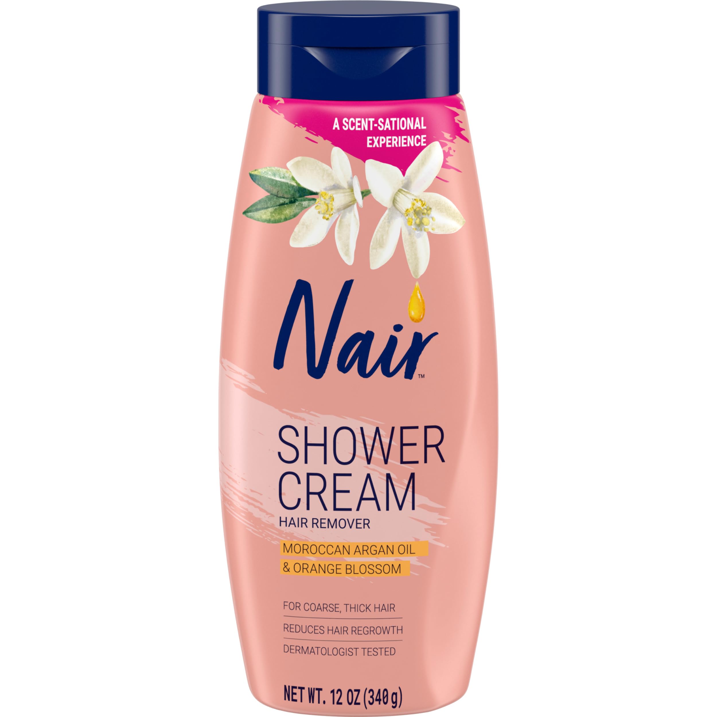 Nair Shower Cream bottle highlights argan oil for nourished, long-lasting smoothness