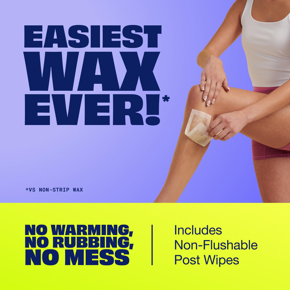 Nair wax strips packaging highlights easy-open design and product details.