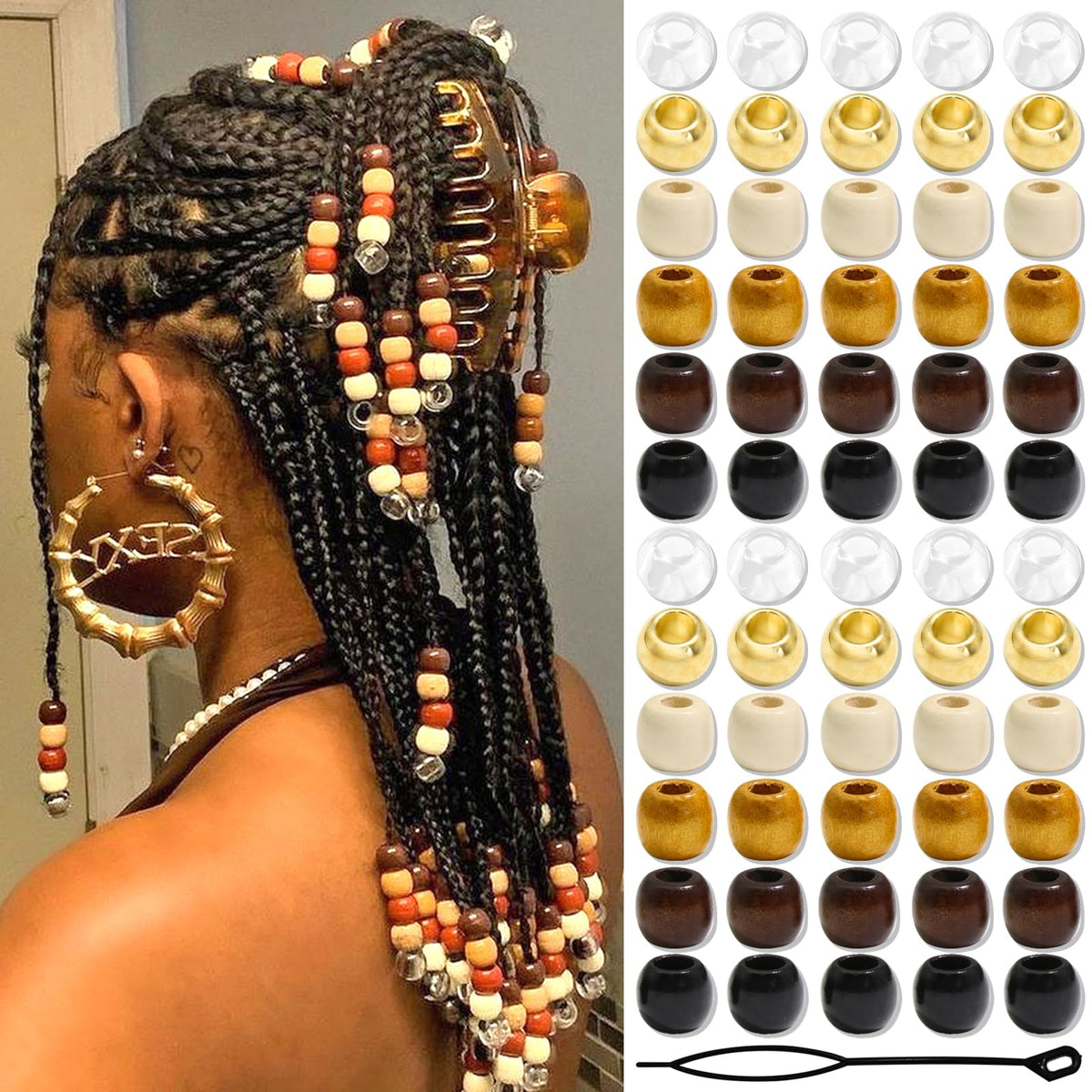 NAISKA wooden hair beads for braids in close up view showing lightweight design and plating
