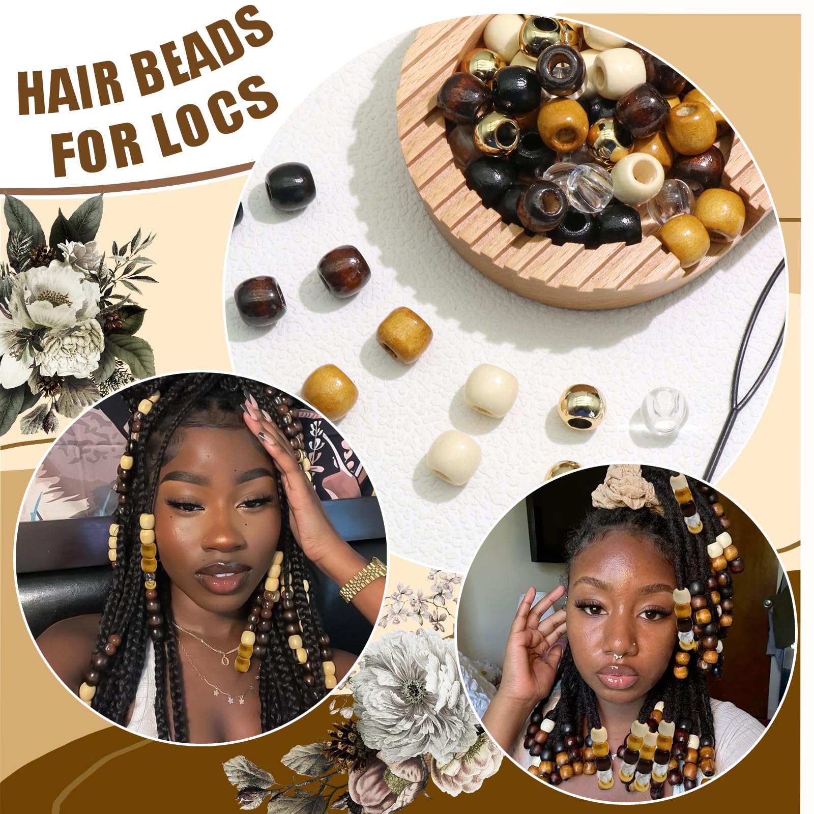 NAISKA wooden beads for braids in display with colorful options and shine