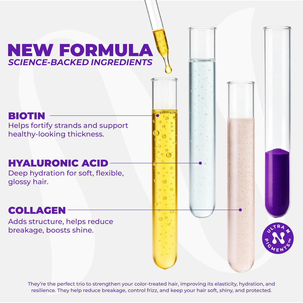 Naissant Pearl Blonde Mask highlights hyaluronic acid and collagen for hydration and strength.