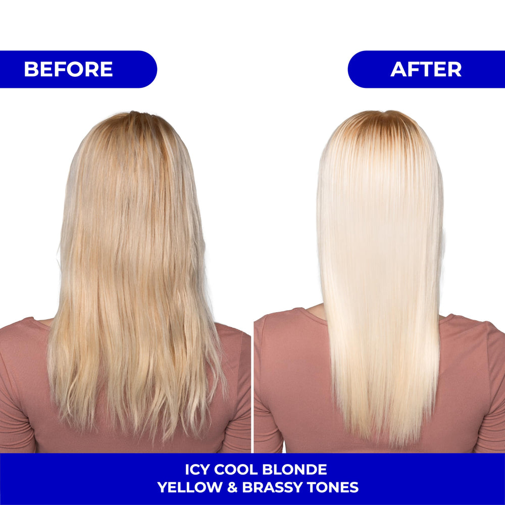 Naissant Icy Cool Blonde mask before-hair demo shows yellow tones prior to toning.