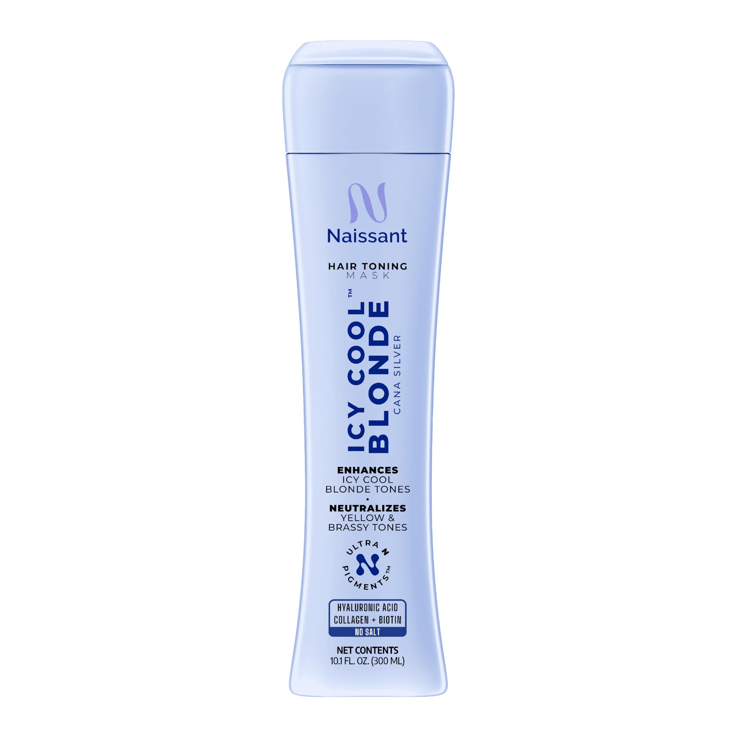 Naissant Icy Cool Blonde mask pack-shot shows the tub with purple-toning formula for brassy tones.