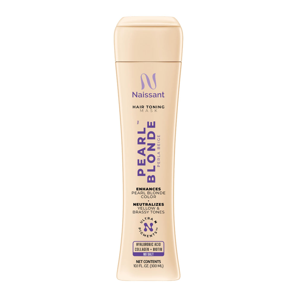 Naissant Pearl Blonde Mask bottle front for cooler blonde toning and vibrancy.