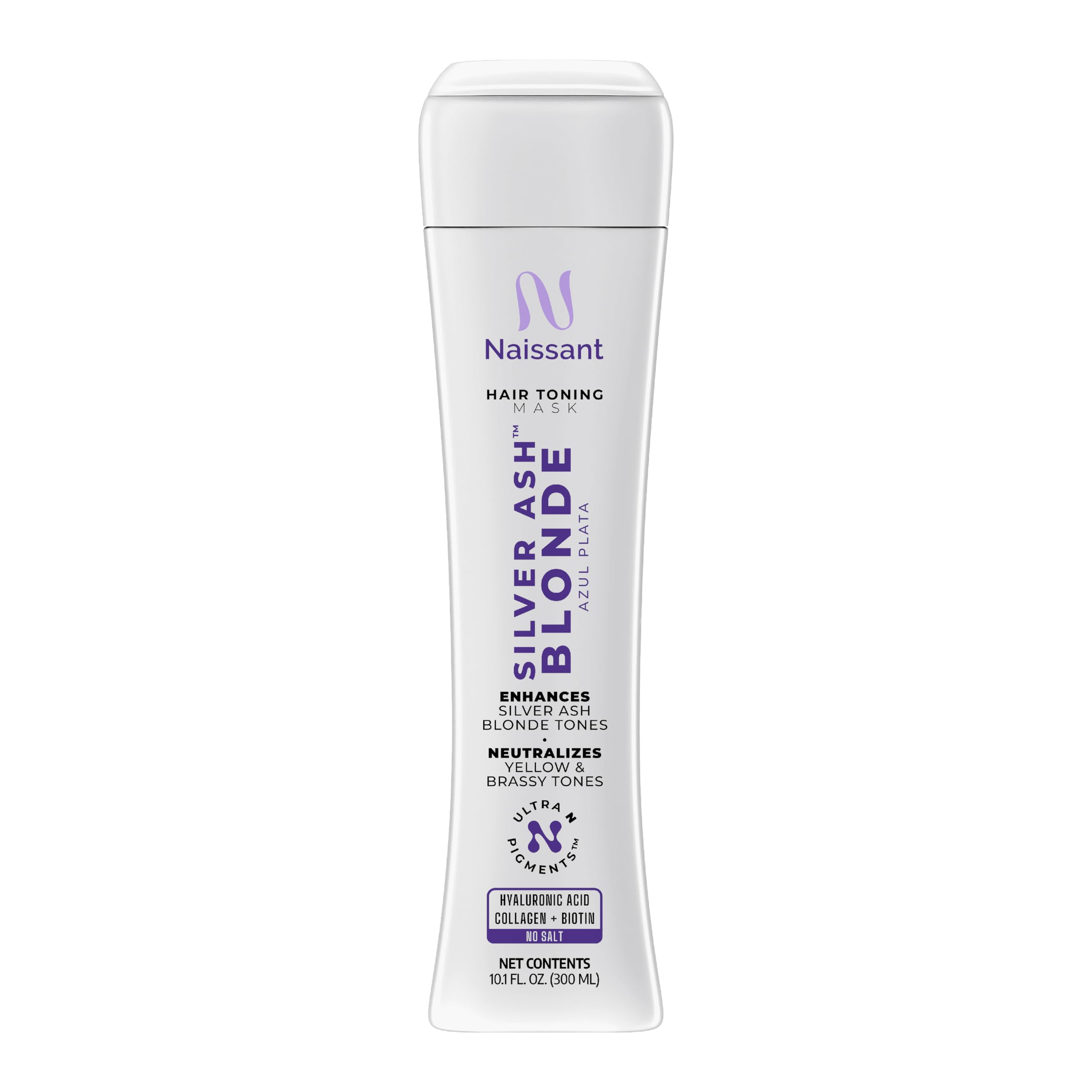 Naissant Silver Ash Blonde mask with blue pigments neutralizes brass for cooler tones.