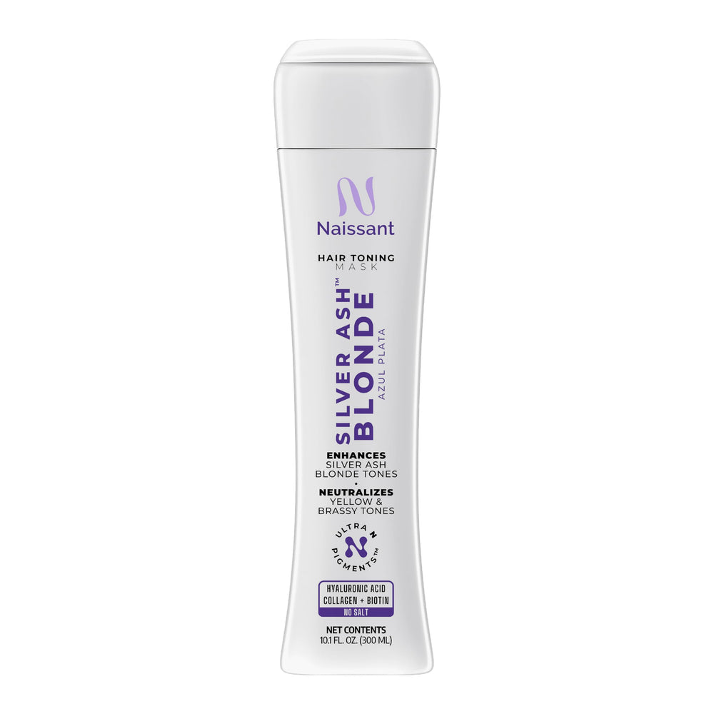 Naissant Silver Ash Blonde mask with blue pigments neutralizes brass for cooler tones.