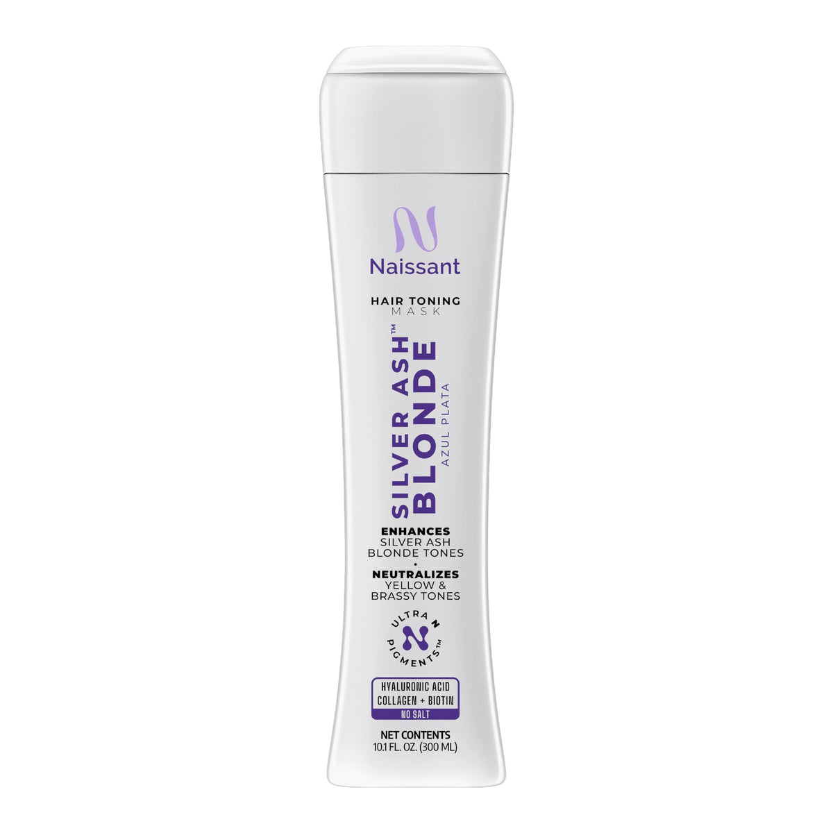 Naissant Silver Ash Blonde mask with blue pigments neutralizes brass for cooler tones.