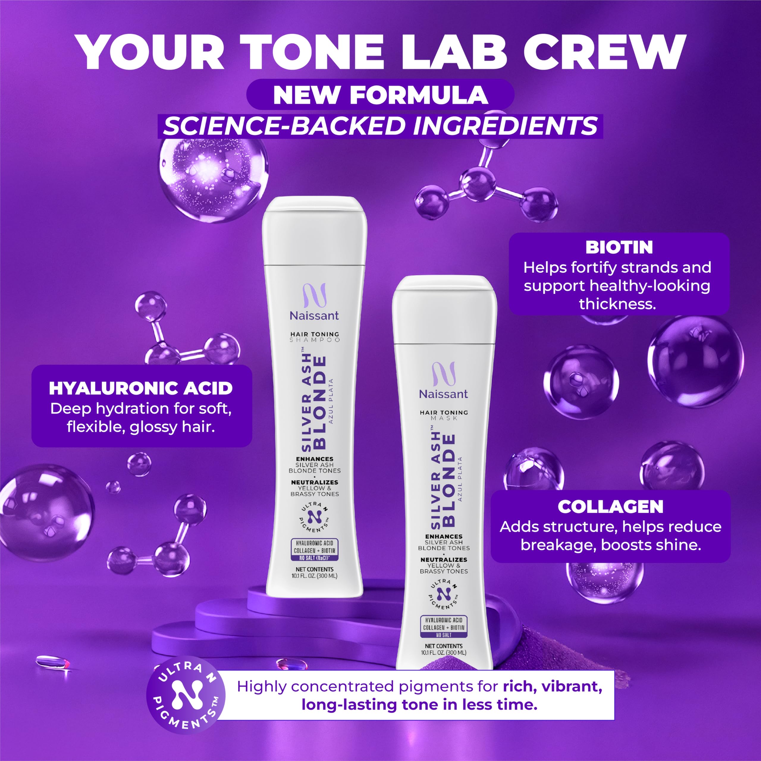 Naissant collagen and biotin blend supports hair resilience during toning.