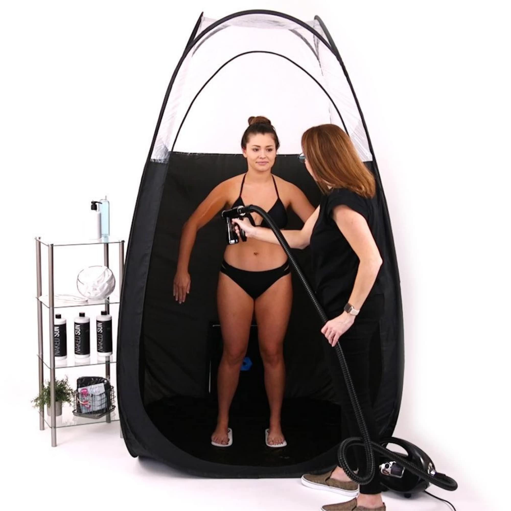 Naked Sun tan tent side setup showcasing quick pop-up usability