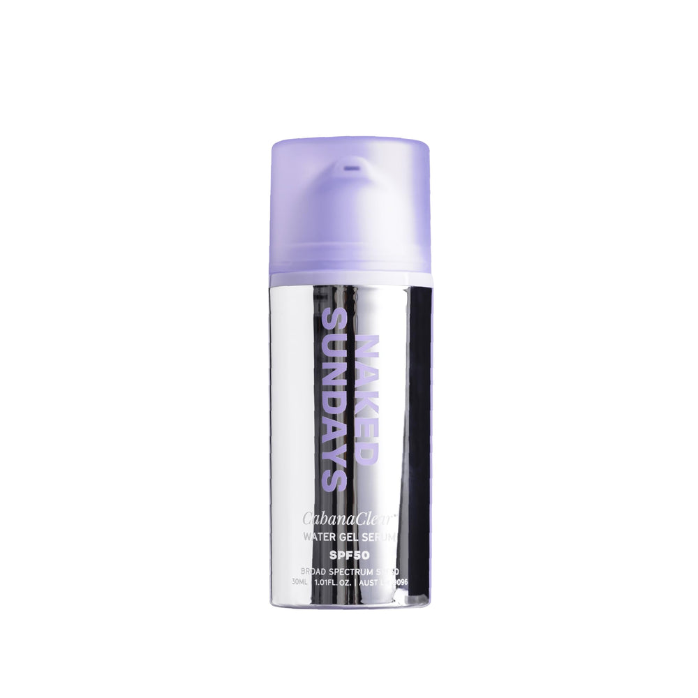 Naked Sundays CabanaClear bottle shown for daily SPF 50 protection.