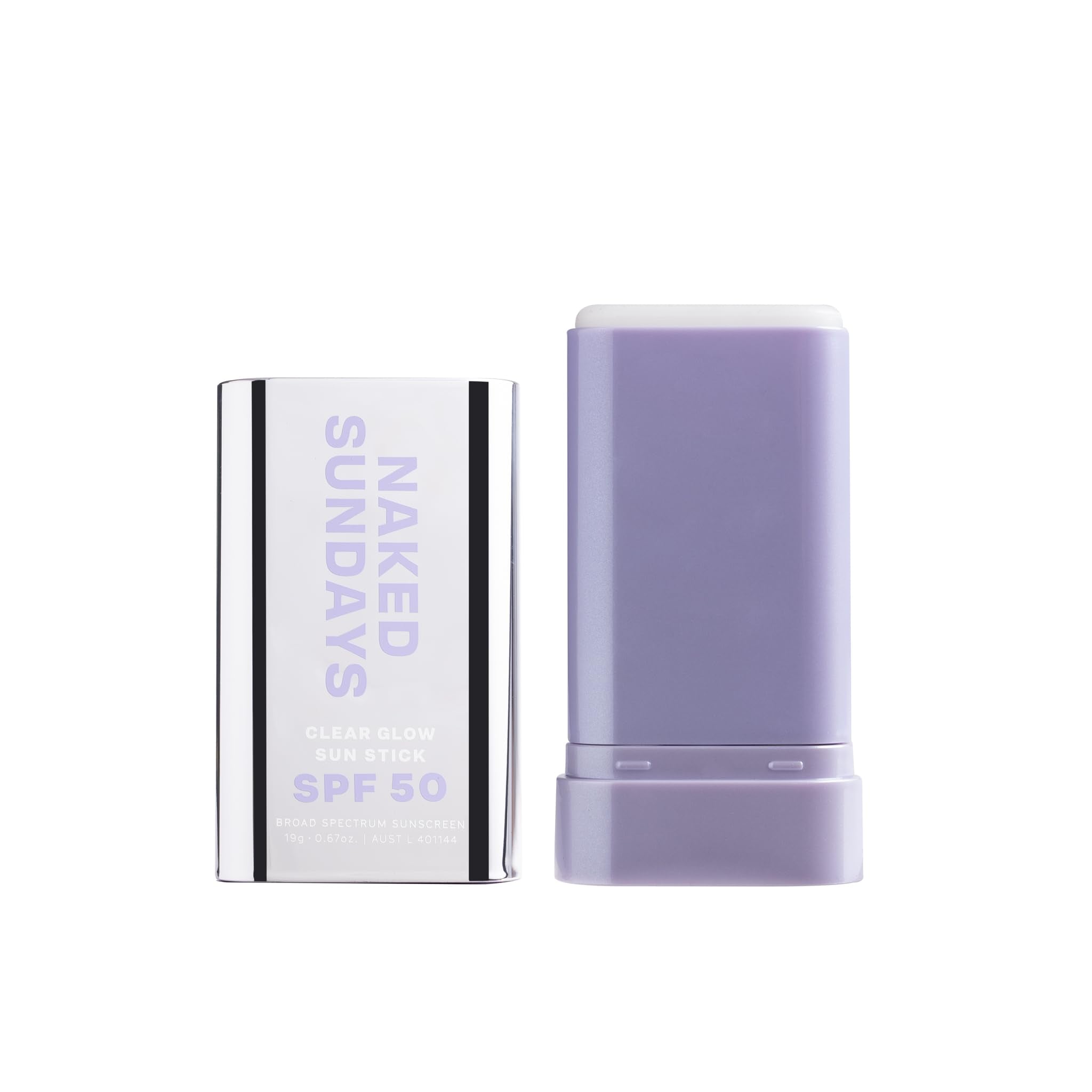 Naked Sundays Clear Glow Sun Stick para rostro y cuerpo, protección SPF 50 sin residuo blanco.