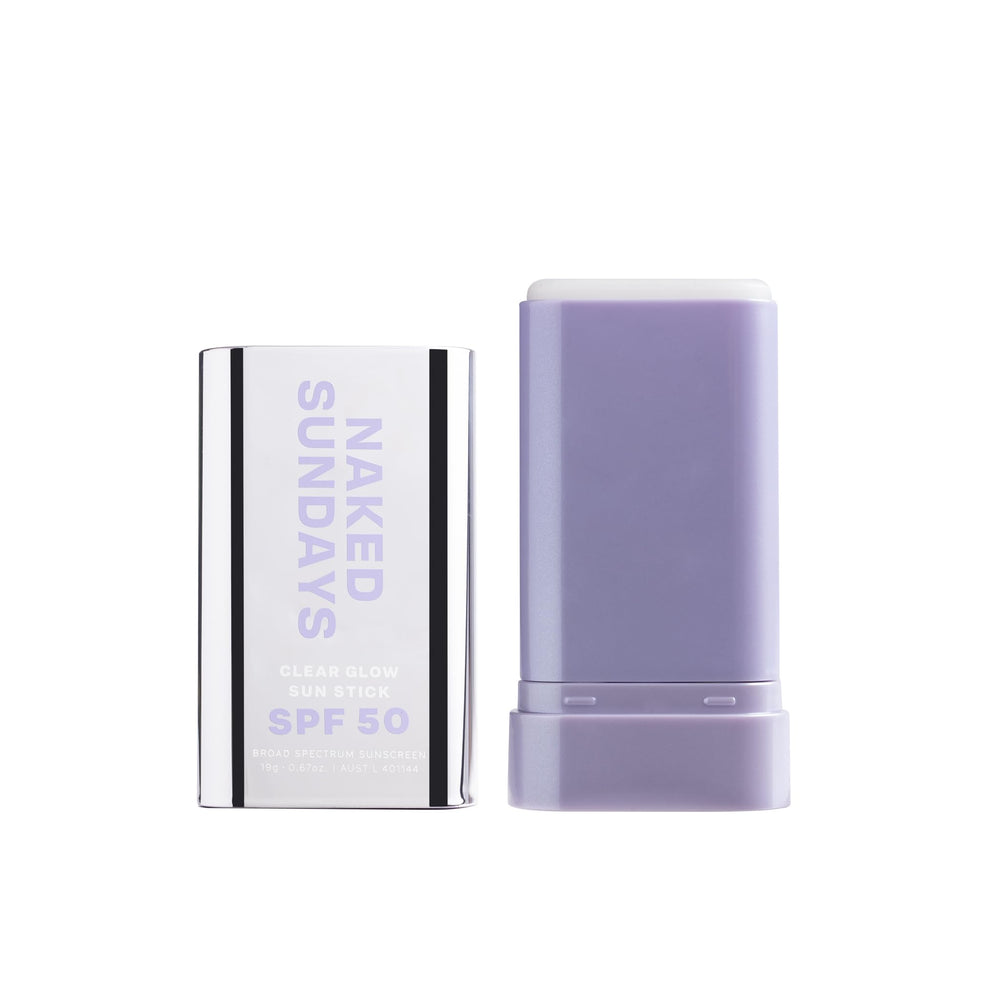 Naked Sundays Clear Glow Sun Stick para rostro y cuerpo, protección SPF 50 sin residuo blanco.