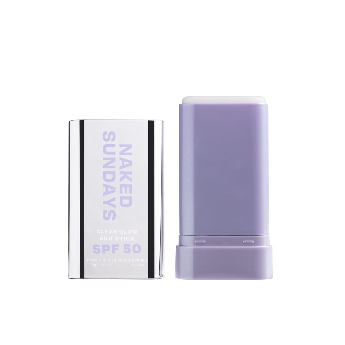 Naked Sundays Clear Glow Sun Stick para rostro y cuerpo, protección SPF 50 sin residuo blanco.